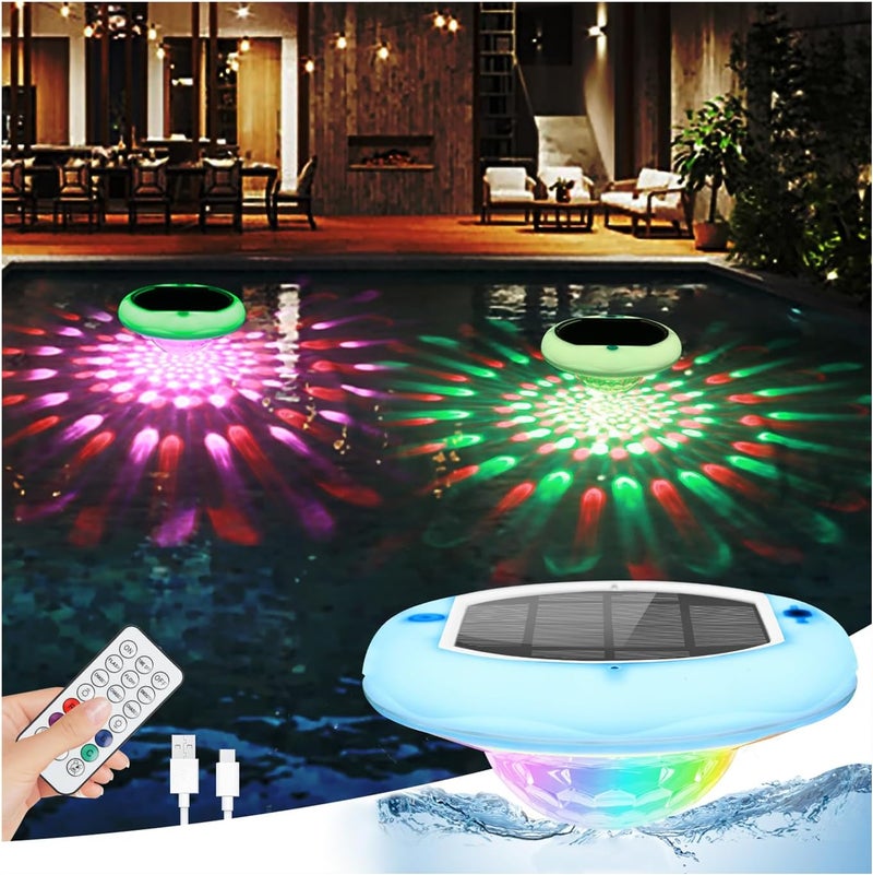 QOLNBY 2-in-1 Solar Pool Lights USB Rechargeable Floating Pool Lights with Remote, 6.69 Inch 2600mAh IP68 Waterproof RGB 6 Dynamic Modes Upper and Lower Glow Hangable Light for Patio 1 Pack - Image 1